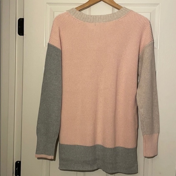 525 AMERICA BORN IN BKLYN Blocked Pullover SWEATER Pink white brown size small - Picture 3 of 5
